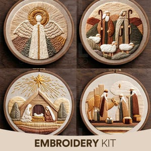 Könnte beinhalten: Vier runde Stickrahmen mit religiösen Motiven: ein Engel mit goldenem Heiligenschein, Hirten mit Schafen, eine Krippenszene mit Stern und Reisende mit einem Kamel. Jedes Design verwendet strukturiertes Garn in neutralen Braun- und Goldtönen.