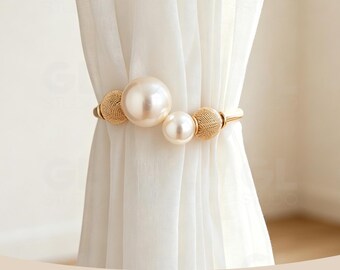 Mesh Ball Pearl Spring Curtain Tieback, Gold Silver Window Holder, Neutral Cream Home Decor Gift