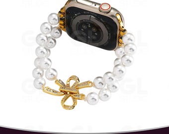 Correa de Apple Watch de doble hebra con perlas, pulsera con lazo de cristal dorado y cuentas, joyería elegante para mujer.