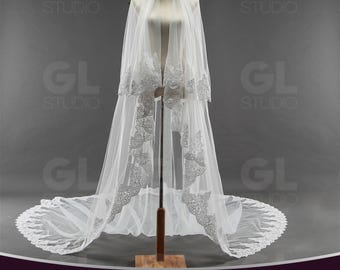 Celestial Flower Lace Embroidery Veil, Cathedral Lace Wedding Veil, Long Ivory Bridal Veil, Flower wedding veil, 2 Tier Fingertip Veil