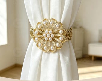 Rhinestone Pearl Flower Spring Curtain Tieback, Gold Window Holder, Elegant Wedding Decor Gift