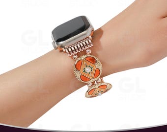 Vintage Orange Enamel Apple Watch Band, Pearl Metal Link iWatch Strap, Ornate Gold Pearl Watch Band