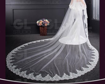 Cathedral Lace Wedding Veil: Long Ivory Bridal Veil, Celestial Flower Lace Embroidery Veil, Flower wedding veil, 2 Tier Fingertip Veil