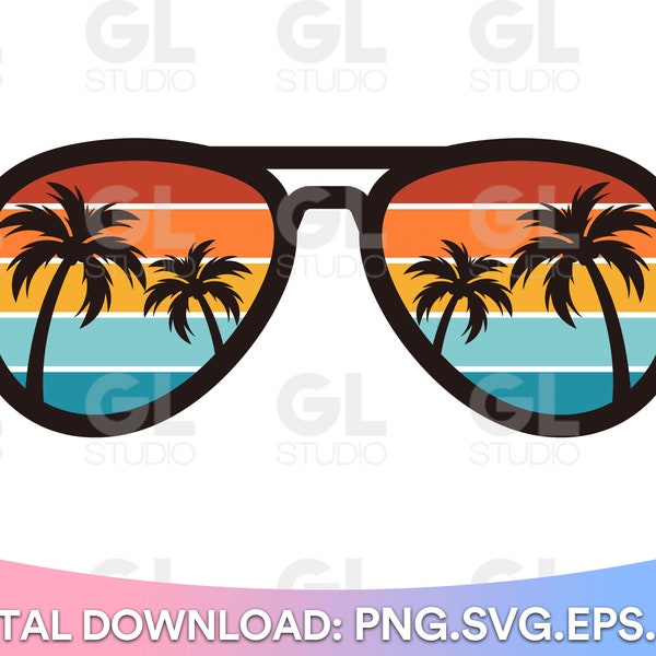 Retro Vintage Sunset Sunglasses SVG, 70s Sunset Palm Trees Aviator Sunglasses SVG, Summer Beach Aviators Svg, sunglasses svg, summer svg,png