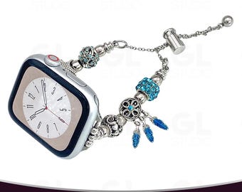 Correa plateada estilo Pandora para Apple Watch, correa boho atrapasueños para Apple Watch, pulsera con dije de pluma de cristal azul, correa plateada ajustable con cuentas