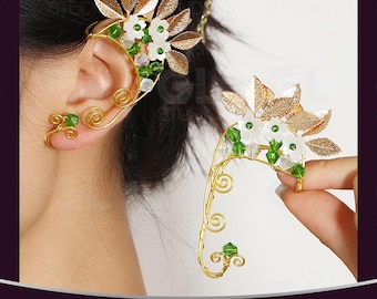 Gold Floral Ear Cuff Fairy Goddess Ear Wrap | Pearl Beaded Leaf Branch Statement Gold Floral Ear Cuff: Bridal Ear Crawler, No Piercing - Etsy main image 2
