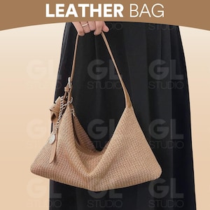 Raffia Shoulder Bag, Handmade Woven Straw Bag with Leather Strap, Crossbody Purse,Small & Large Tote,Summer Travel Bag for Women,Leather Bag