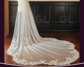 Flower wedding veil cathedral veil, Chapel length floral veil,Celestial Flower Lace Embroidery Veil,Lace edge bridal veil, Boho wedding veil