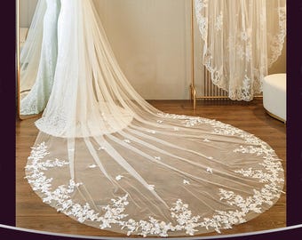 Chapel length floral veil,Flower wedding veil cathedral veil, Boho wedding veil, Lace edge bridal veil,Celestial Flower Lace Embroidery Veil