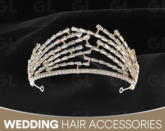 Corona de novia, tiara de cristal para boda, tocado de diamantes de imitación, tiara de novia para boda, tiara de boda dorada, diadema de boda, accesorios para el cabello de novia