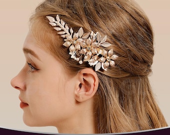 Pinza para el cabello de novia, adorno para el cabello con forma de hoja, adorno para el cabello con perlas, pinza para el cabello de oro rosa, pinza para el cabello con cristales, pinza para el cabello con diamantes de imitación
