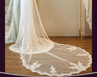 Lace edge bridal veil, Chapel length floral veil,Celestial Flower Lace Embroidery Veil,Flower wedding veil cathedral veil,Pearl wedding veil