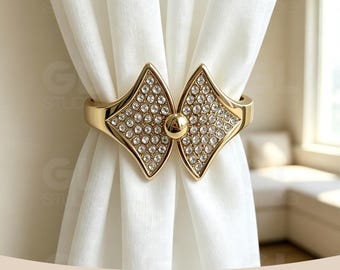 Rhinestone Bow C-Shaped Curtain Tieback, Gold Window Holder, Modern Luxury Home Decor Gift