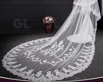 2 Tier Embroidery Veil, Celestial Flower Lace Embroidery Veil, Cathedral Lace Wedding Veil, Long Ivory Bridal Veil, Flower wedding veil