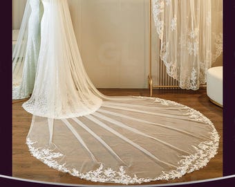 Lace edge bridal veil, Chapel length floral veil,Celestial Flower Lace Embroidery Veil,Flower wedding veil cathedral veil, Boho wedding veil