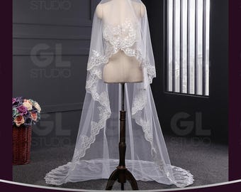 Hermoso velo de novia con lentejuelas brillantes, velo de cuentas, velo de novia estilo catedral, velo de novia largo estilo catedral, hasta el suelo.