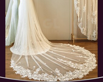 Boho wedding veil, Chapel length floral veil,Flower wedding veil cathedral veil, Lace edge bridal veil,Celestial Flower Lace Embroidery Veil