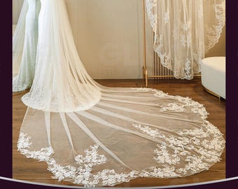 Celestial Flower Lace Embroidery Veil,Chapel length floral veil,Flower wedding veil cathedral veil, Boho wedding veil, Lace edge bridal veil