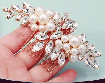 Enredadera para el cabello de boda, horquilla para el cabello de novia, pieza para el cabello con perla, pieza para el cabello con perla, horquilla para el cabello de boda dorada, peineta para el cabello con cristales, peineta para el cabello con diamantes de imitación