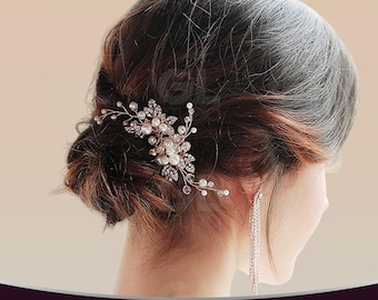 Peineta nupcial, diadema de perlas para el cabello, adorno para el cabello de perlas, peineta de oro rosa para el cabello de novia, peineta de cristal, pinza para el cabello con diamantes de imitación