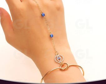 Evil Eye Gold Finger Chain, Dainty Nazar Hand Chain, Delicate Finger Bracelet, Minimalist Evil Eye Bead Hand Chain, Gold Slave Bracelet