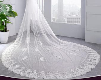Blusher Cathedral Lace Wedding Veil, Long Ivory Bridal Veil, Celestial Flower Lace Embroidery Veil, 2 Tier Fingertip Veil