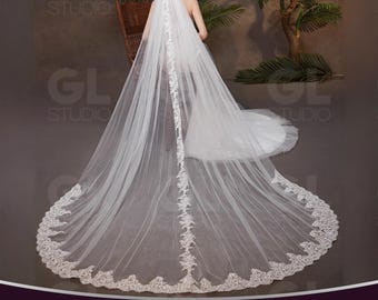 Elegancki welon ślubny z koronki w kwiaty, welon ślubny z haftowanymi kwiatami, jednowarstwowy, 118" długi welon koronkowy, długość katedralna, królewski welon 118" z grzebieniem