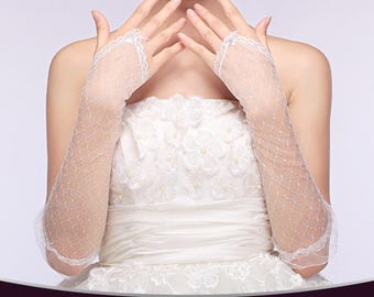 Elegant White Fishnet Lace Bridal Gloves, Fingerless Long Wedding Gloves, White Sheer Mesh Fingerless Long Bridal Gloves