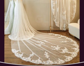 Chapel length floral veil,Flower wedding veil cathedral veil, Boho wedding veil, Lace edge bridal veil,Celestial Flower Lace Embroidery Veil