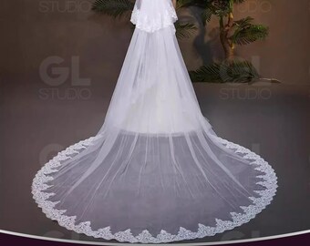 Cathedral Lace Wedding Veil: Long Ivory Bridal Veil, Celestial Flower Lace Embroidery Veil, 2 Tier Fingertip Veil