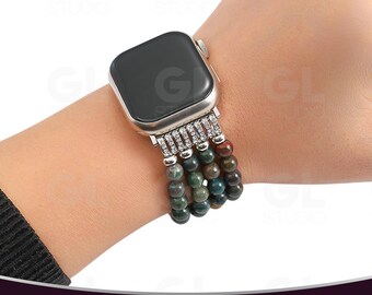 Correa de Apple Watch de ágata india de cuatro hebras, pulsera de cuentas de piedras preciosas naturales, correa de smartwatch de piedra curativa estilo boho para mujer.