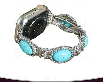 Vintage Silver Turquoise Apple Watch Band, Western Elastic Strap, Oval Turquoise Stone Apple Watch Strap, Boho Stretch Band