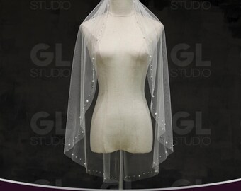 Pearl Bridal Veil, Pearl Beaded Wedding Veil, Beaded edge Veil, Tulle Veil, Ivory Veil, Fingertip Veil, Beaded Edge cathedral bridal veil