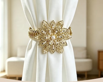 Prendedor de cortina de primavera com flor de pérola de várias pétalas, suporte de janela com strass dourado, presente de decoração de casamento