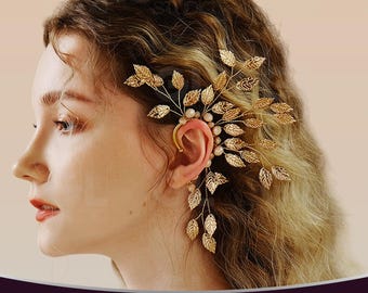 Wedding Floral Ear Cuff, Boho Bridal Ear Wrap, Leaf Ear Climber, Cartilage Earring, Ear Climber, Wedding Earrings, Ear Cuff No Piercin