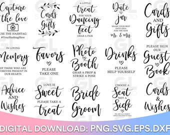 Paquete de bodas, Paquete de letreros de bodas, Svg de bodas, Signo de boda svg, Tarjetas y regalos svg, Boda rústica svg, dxf, png, Novia, matrimonio svg