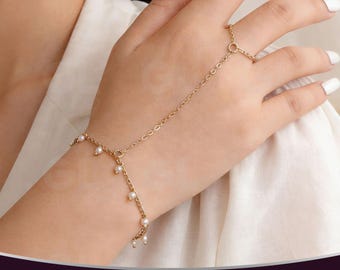 Dainty Gold Pearl Finger Chain, Delicate Hand Chain, Feminine Finger Bracelet, Minimalist Dangling Pearl Hand Chain, Gold Slave Bracelet