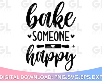 May include: Black and white graphic design with the text "bake someone happy" and a rolling pin with a heart on it.