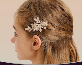 Pinza para el cabello de novia, adorno para el cabello con forma de hoja, adorno para el cabello con perlas, pinza para el cabello de boda en oro rosa, peineta de cristal, pinza para el cabello con pedrería