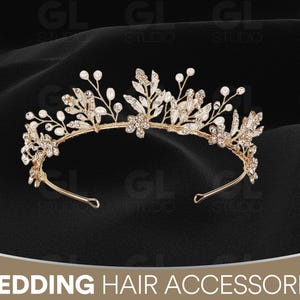 Gold Floral Tiara, Gold Leaf Crystal Headband, Wedding Leaf Crown, Rhinestone Tiara, Bridal Crown, Wedding Crown, Bridal Leaf Headpiece
