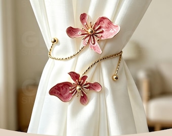 Enamel Flower C-Shaped Curtain Tieback, Gold Floral Window Holder, Romantic French Home Decor