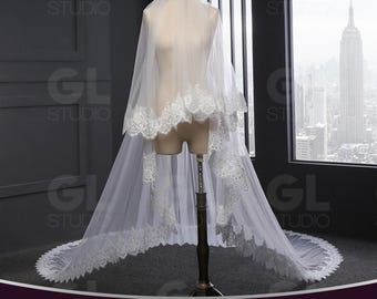 2 Tier Fingertip Veil, Celestial Flower Lace Embroidery Veil, Cathedral Lace Wedding Veil, Long Ivory Bridal Veil, Flower wedding veil