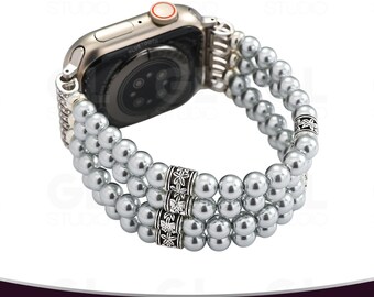 Bohemian Pearl Apple Watch Bracelet, Filigree & Crystal Beaded Strap, Vintage Elegant Smartwatch Band for Women, Fits All Series Apple Watch