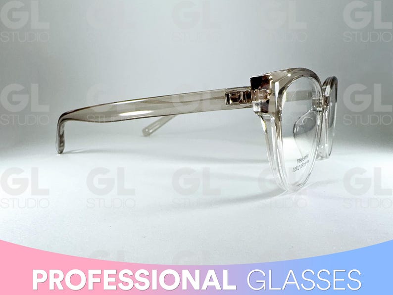 May include: Transparent, rectangular-framed spectacles with a light grey tint. The glasses are set against a gradient background. The text "PROFESSIONAL GLASSES" is at the bottom of the image. The design is modern and minimalist.