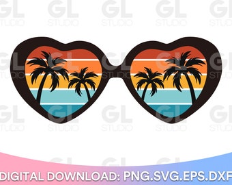 Retro Vintage Sunset Sunglasses SVG, 70s Sunset Palm Trees Aviator Sunglasses SVG, Summer Beach, Aviators SVG, okulary przeciwsłoneczne svg, summer svg