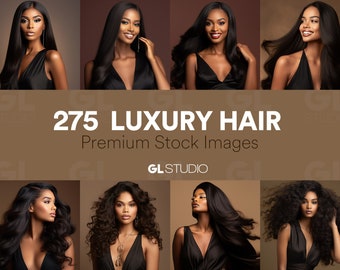 May include: A collage of six images featuring women with long, luxurious black hair styled in different ways. The images are set against a brown background. The text "275 LUXURY HAIR Premium Stock Images GLSTUDIO" is displayed in the center of the collage.