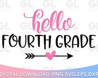 以下が含まれることがあります： ピンクと黒のグラフィックデザインで、「hello fourth grade」というテキストと、右を指す矢印が付いたピンクのハートが描かれています。