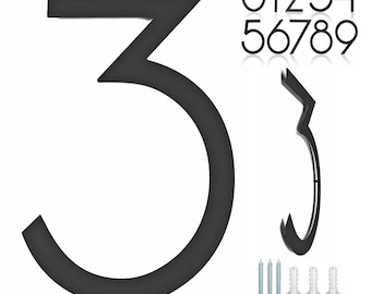 May include: Black metal house number 3 with a modern design. The number is attached to a wall with screws and anchors. The image also shows the numbers 0-9 in the same style.