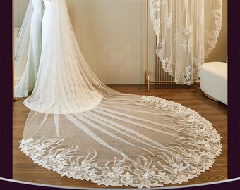 Chapel length floral veil,Flower wedding veil,Cathedral veil, Boho wedding veil, Lace edge bridal veil,Flower Lace Embroidery Veil, Sequins