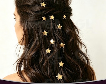 Gold Star Hair Clips, Celestial Hair Accessories, Brushed Metallic Finish, Wedding Boho Accessory